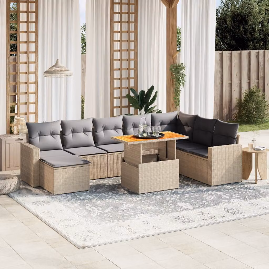 vidaXL Set Divano da Giardino a L 9 pz in Polyrattan con Cuscini Beige e Tavolino da Esterno – 1