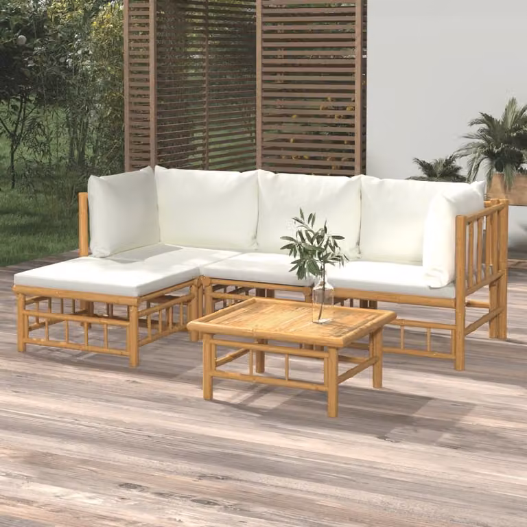 Set Salotto da Giardino vidaXL in Bambù con Cuscini, Design Moderno a L, Bianco Beige e Marrone
