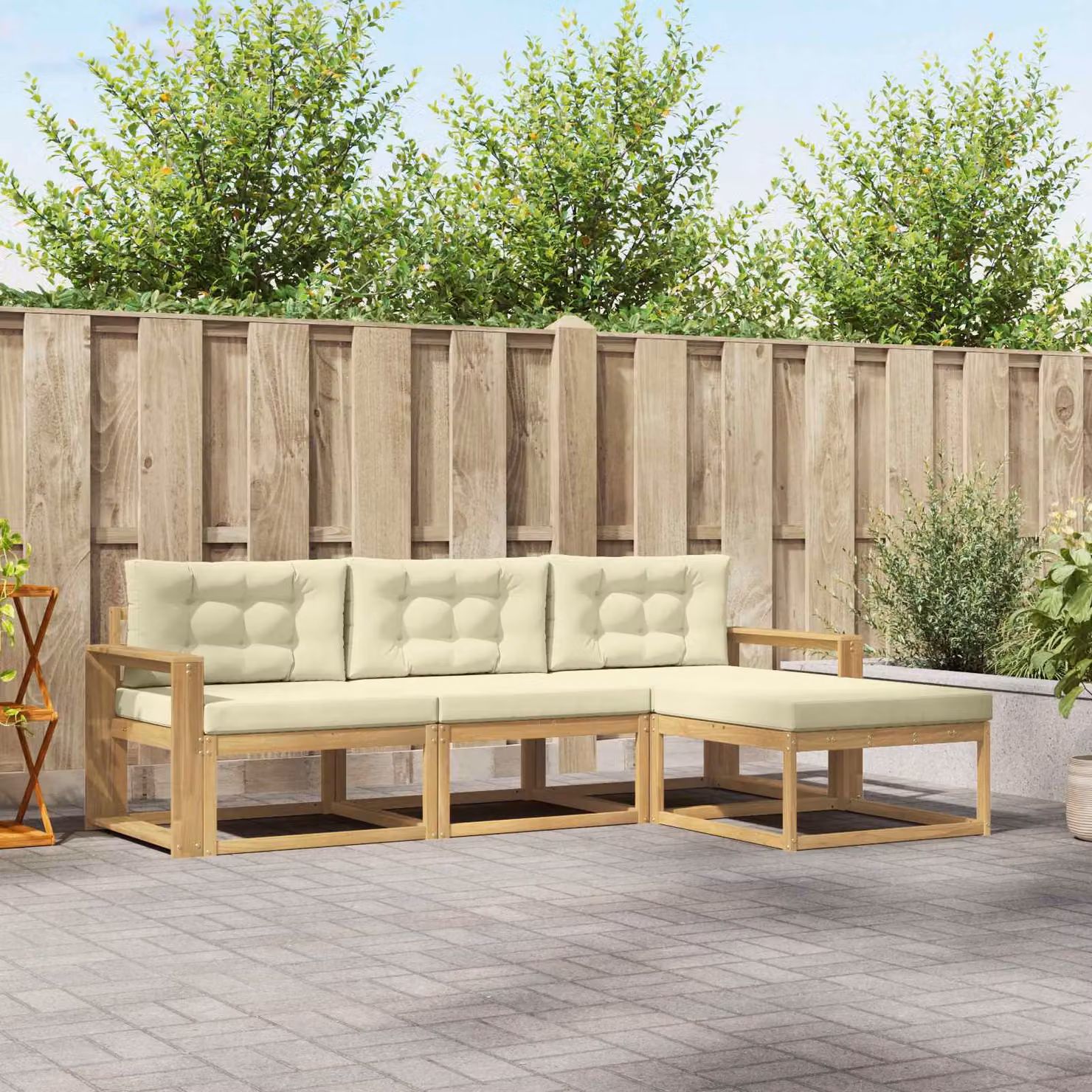 Set di divani da esterno a L vidaXL in legno di acacia con pouf e cuscini, Bianco e Beige