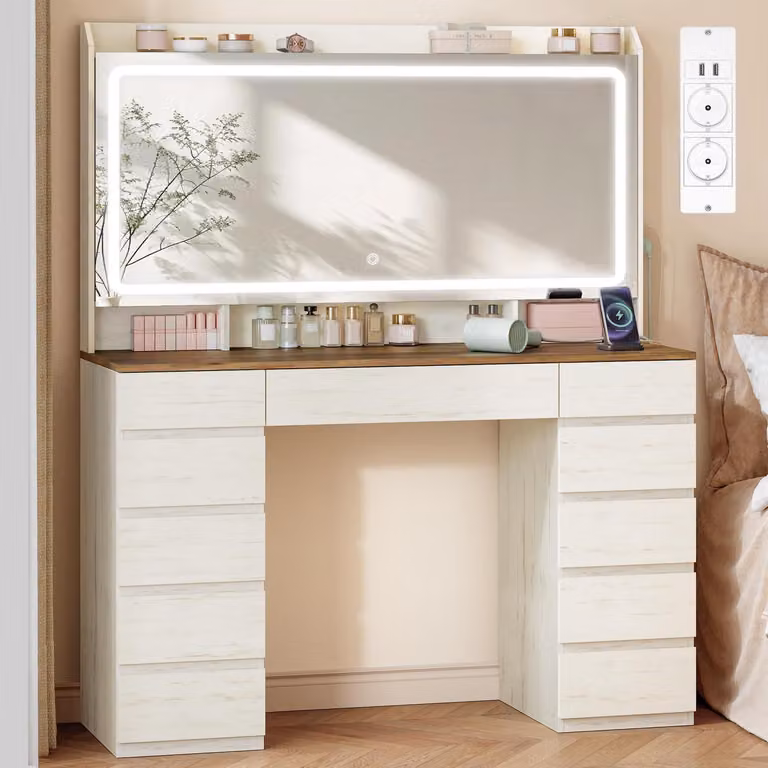 Comò da trucco con specchio HD, illuminazione a LED, 3 colori, luminosità regolabile, 11 cassetti, bianco e marrone