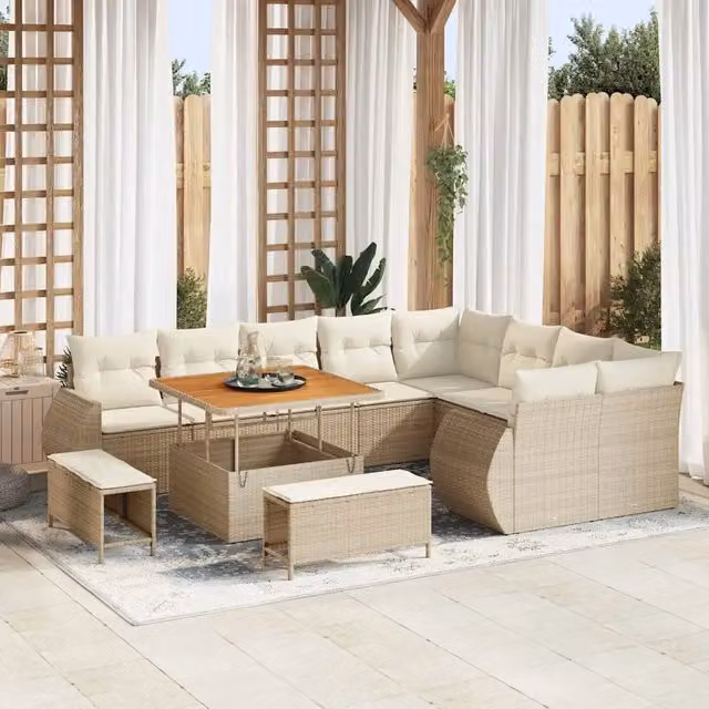 Set Divano da Giardino Moderno vidaXL 12 Pezzi Beige con Cuscini e Tavolino in Polyrattan e Acciaio – 1