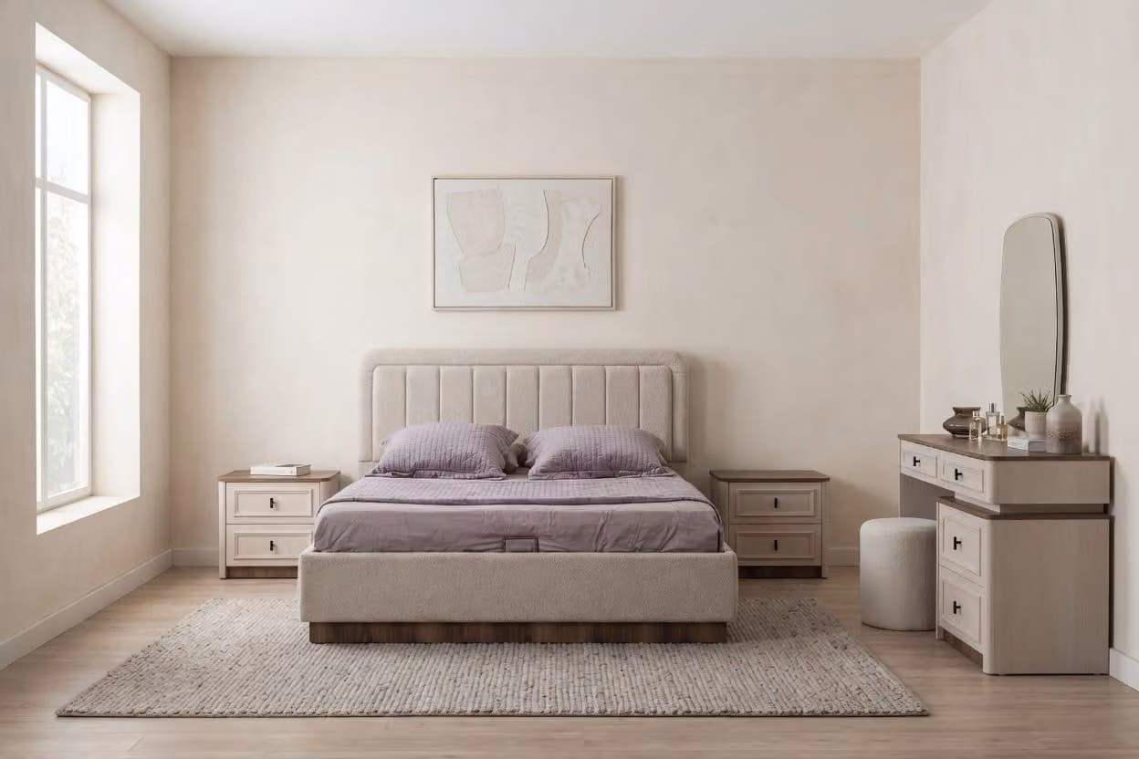 Set per camera da letto beige, design moderno, lussuoso, completo di letto, comodino e poggiapiedi, di alta qualità