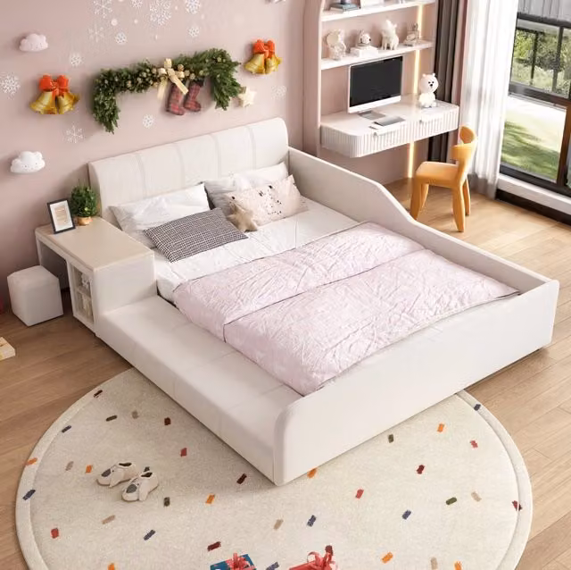 Letto imbottito per bambini con scrivania, sgabello e ripiano, velluto bianco, 140x200 cm