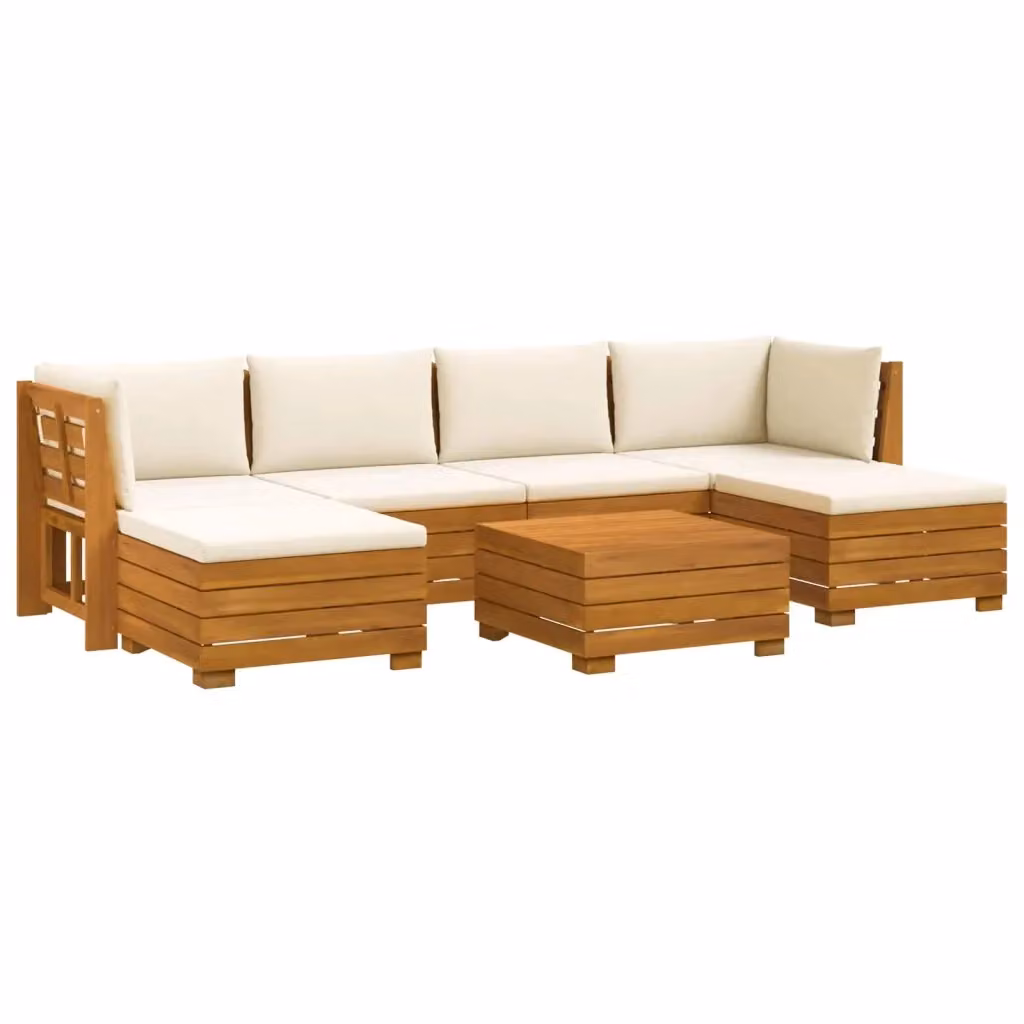 Set di divani da esterno vidaXL in legno di acacia massello marrone e beige con 7 pezzi, inclusi tavolino, pouf e cuscini con coperture rimovibili – 2