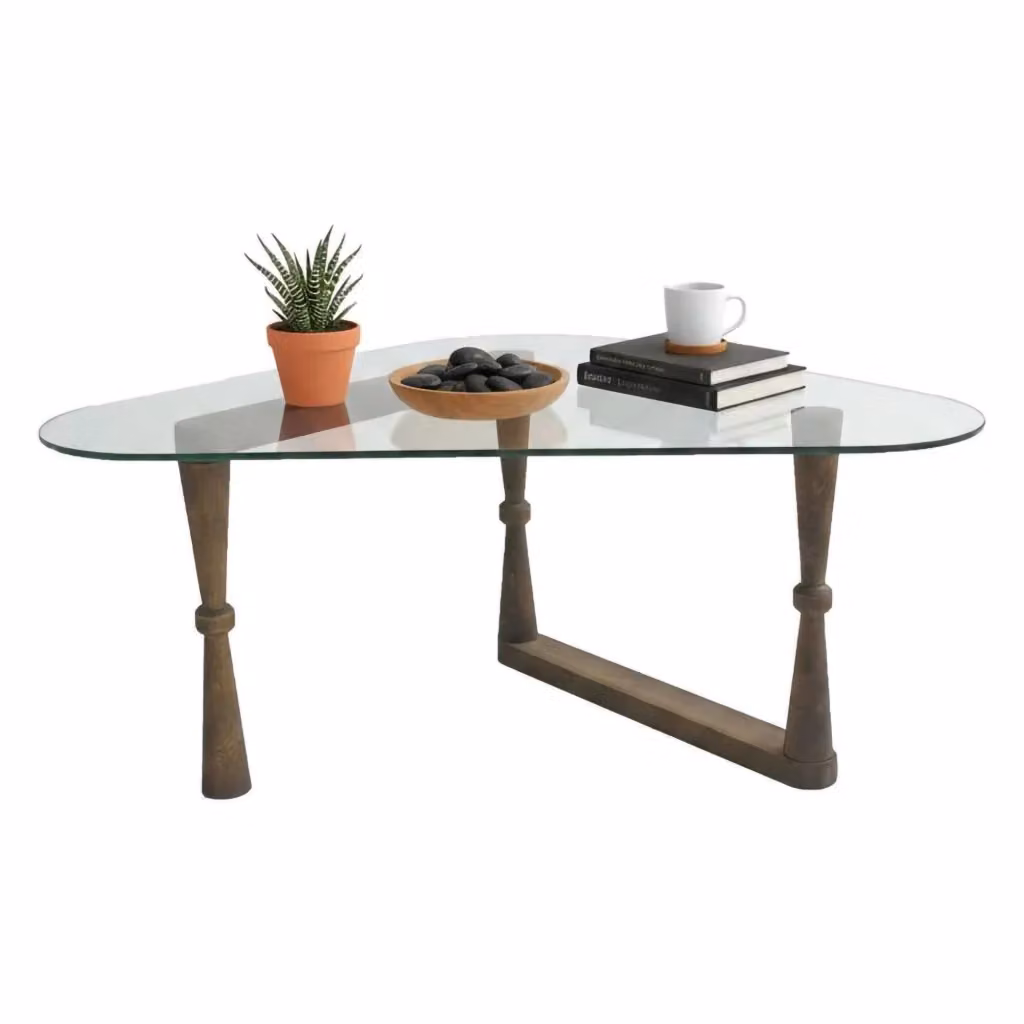 Tavolino da salotto moderno DMORA con piano in vetro trasparente e struttura in legno marrone, L: 81 cm, P: 126 cm, H: 41 cm – 2