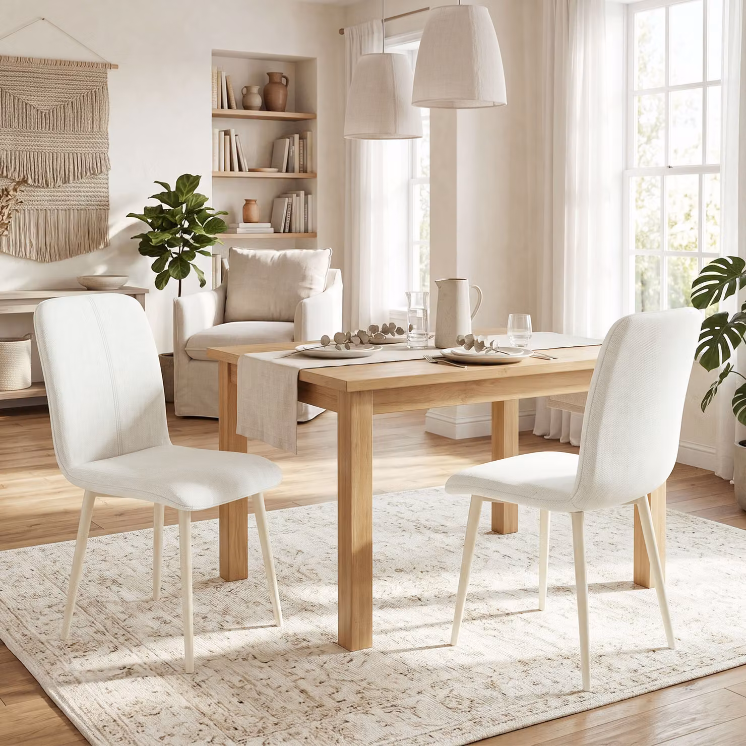 Set di 2 sedie da pranzo imbottite in tessuto HOMCOM con gambe leggere, colore beige/bianco – 2