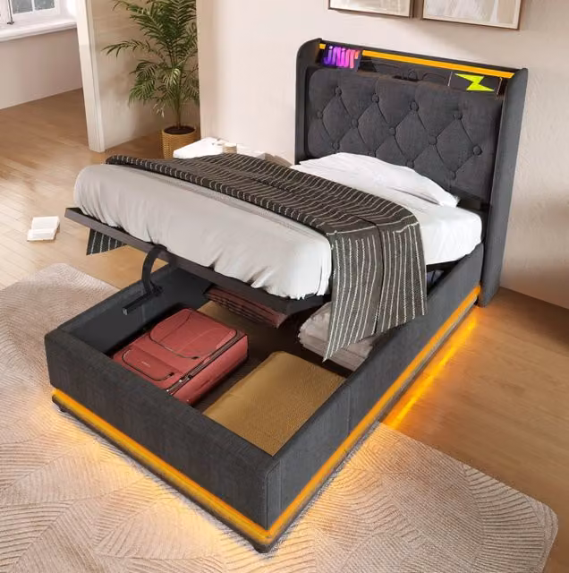 Letto imbottito singolo 90x200 cm con LED; USB Type-C e contenitore; tessuto lino grigio