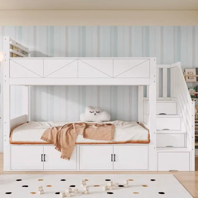 Letto a castello 90 × 200 cm 2 posti con scala contenitore, vani chiusi e ripiano libri, senza materasso, bianco