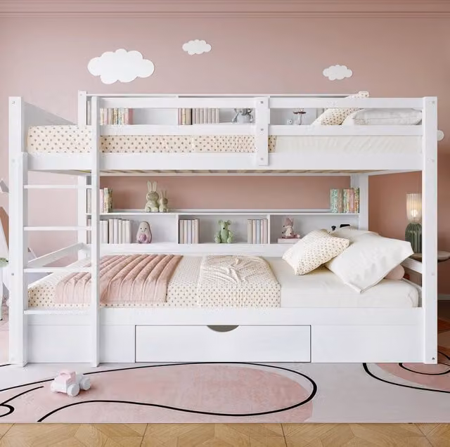 Letto a castello ULEVR 90x200 cm con cassetto e vani laterali, in legno di pino e MDF bianco