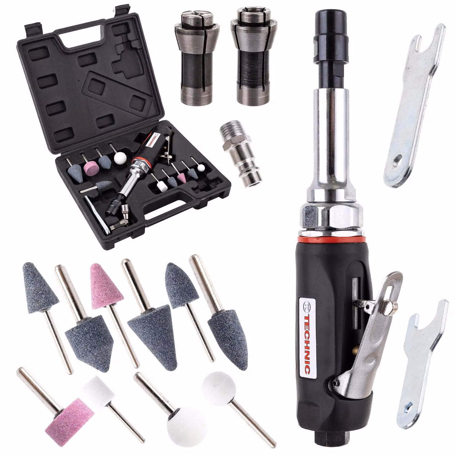 Set smerigliatrice/levigatrice pneumatica diritta in valigetta di plastica + teste Technic AT-7032LBK