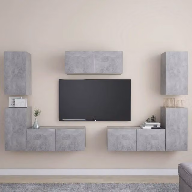 Set di Mobili Porta TV 7 pz-Set di 7 Credenza per TV Grigio Cemento in Legno Multistrato 653099