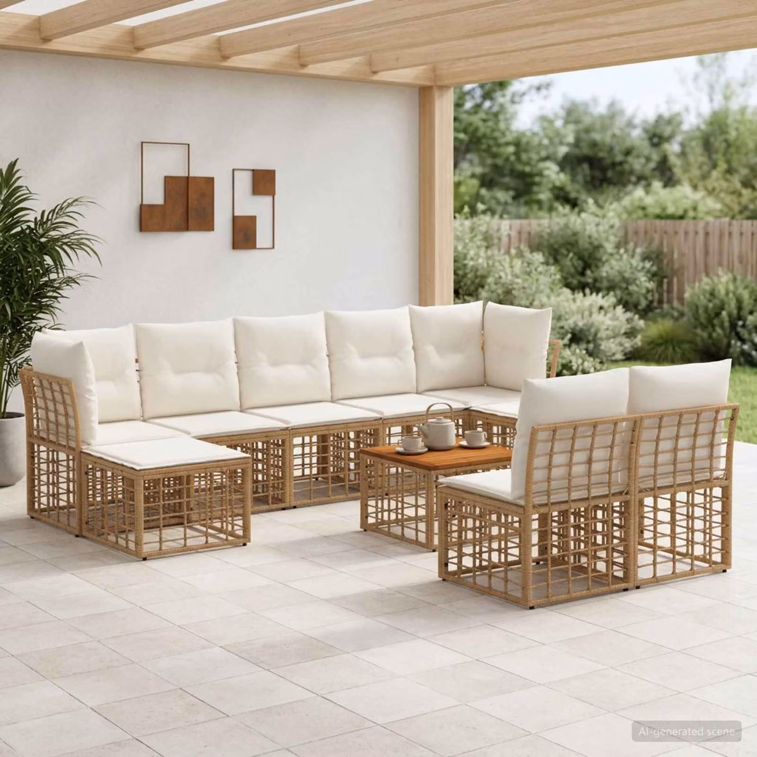 vidaXL Set di divani da esterno 10 pezzi per 9 persone in stile moderno con struttura in metallo e legno di acacia, colore beige, marrone e bianco, comprensivo di cuscini e tavolino da caffè
