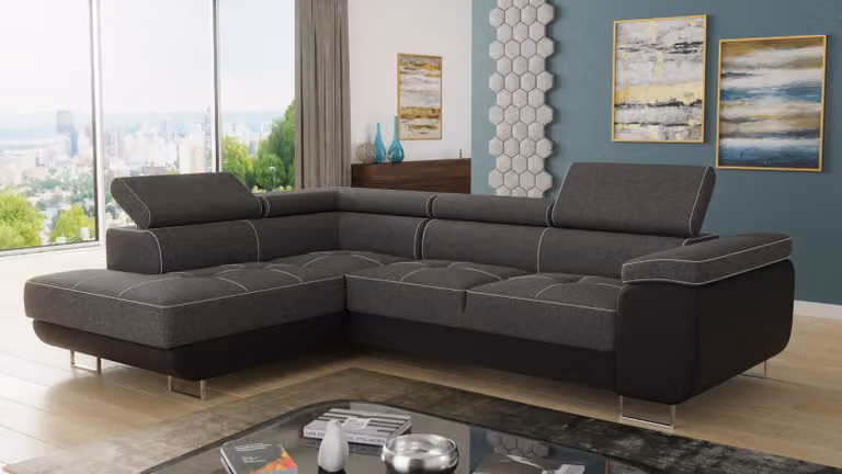 Divano angolare Caris con funzione letto e poggiatesta regolabili, salotto componibile, divano letto, divano letto, divano, divano (nero + grigio scuro (Soft 011 + Sawana 05), divano angolare sinistro)