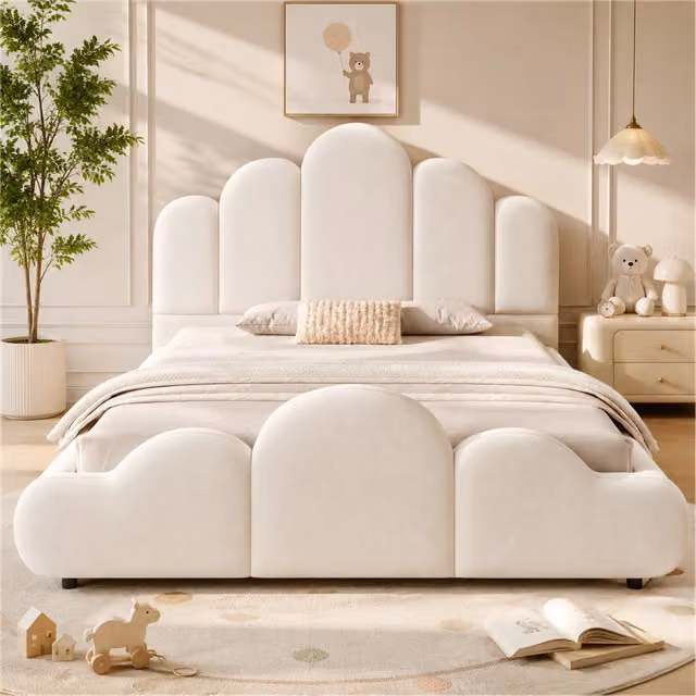 Letto imbottito per bambini ¨C Minimal ¨C beige velluto 140x200cm con testiera imbottita angoli arrotondati