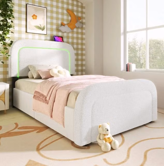 Letto singolo 90x200 cm con LED; USB C e 2 cassetti; tessuto sherpa bianco