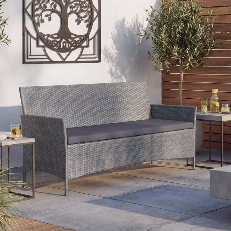 panca da giardino a 3 posti in poly-rattan Halden, panca ~ grigio, cuscini antracite