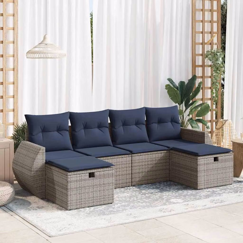 Set Divano da Giardino a L vidaXL in Polyrattan con Cuscini, 6 Pezzi, Grigio e Blu