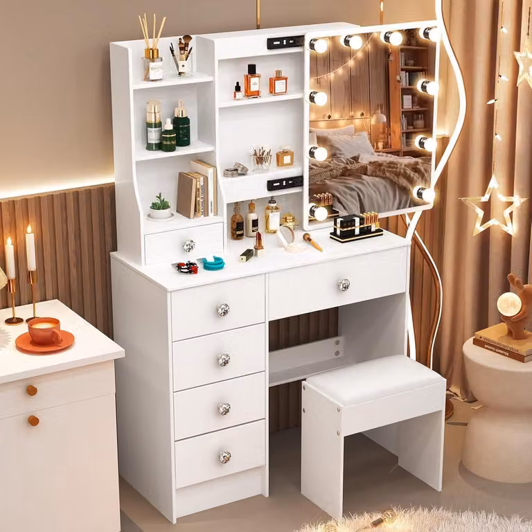 Comò da trucco con illuminazione a LED e specchio, tavolino da trucco con 3 colori e luminosità regolabile