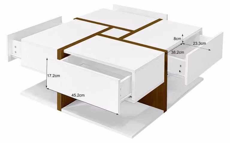 Tavolino da salotto - Mobile per soggiorno - 4 cassetti - Superficie lucida - Spazio contenitivo - Pannello di particelle di legno - 78 x 78 x 34,8 cm - Bianco