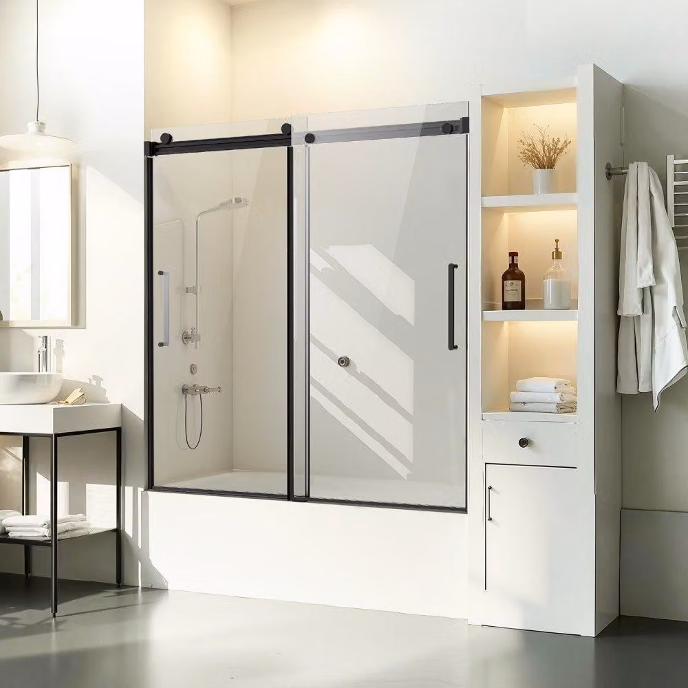 Porta scorrevole per bagno, senza telaio - dimensioni 1422-1524 x 1524 mm - vetro da 8 mm - alluminio e acciaio inossidabile