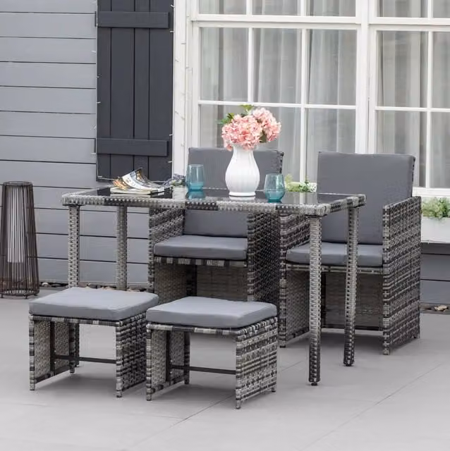 Set da pranzo da giardino in Polyrattan per 4 persone con cuscini, grigio, resistente alle intemperie