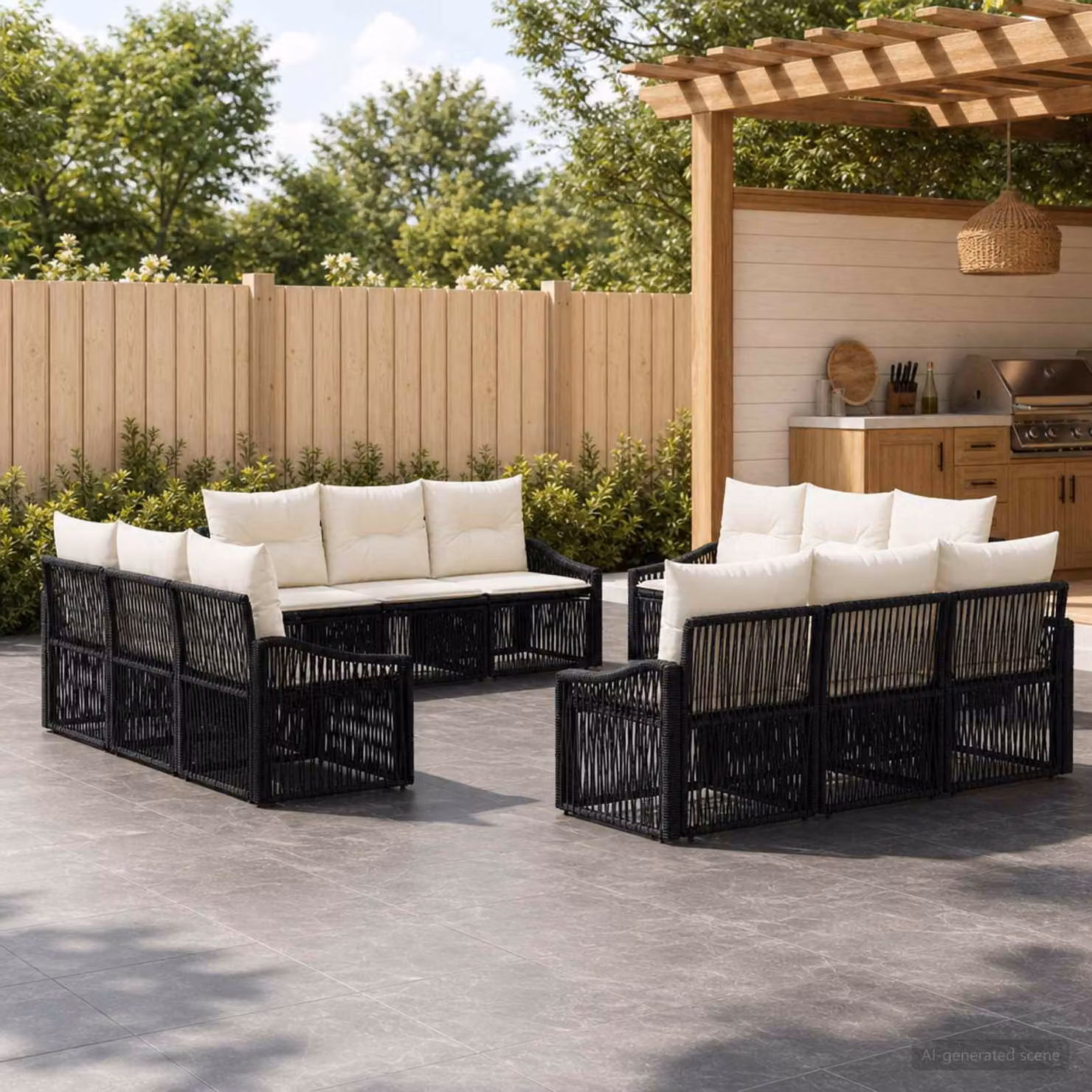 Set Divano da Giardino vidaXL a Forma a U in Polyrattan Nero con Cuscini e Struttura in Acciaio