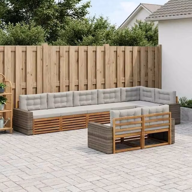 Set di divani da esterno a L vidaXL in legno di acacia con cuscini beige e grigio – 1