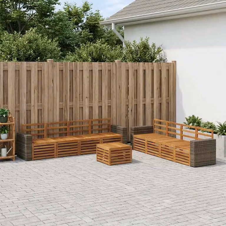 Set di divani da esterno vidaXL a forma di U in legno di acacia marrone con 9 pezzi e cuscini inclusi