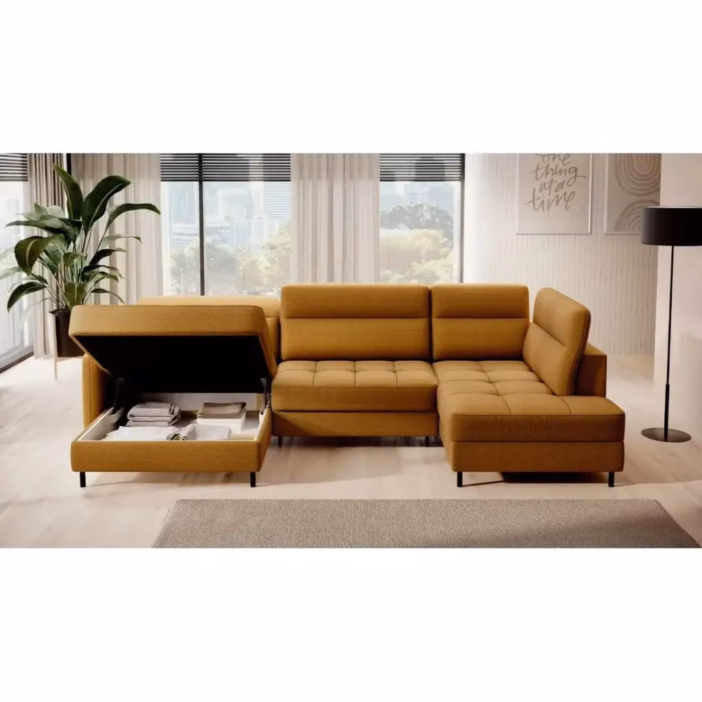 Divano angolare convertibile BERTHO MEUBLORAMA giallo arancio con contenitore e funzione letto, angolo sinistro, L 306 cm – 2