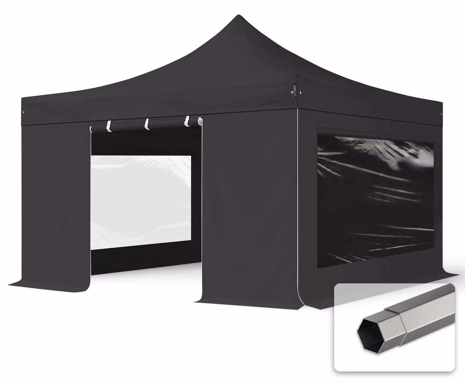 TOOLPORT 4x4 m gazebo pieghevole PVC con laterali (finestre panoramiche), PREMIUM acciaio, nero