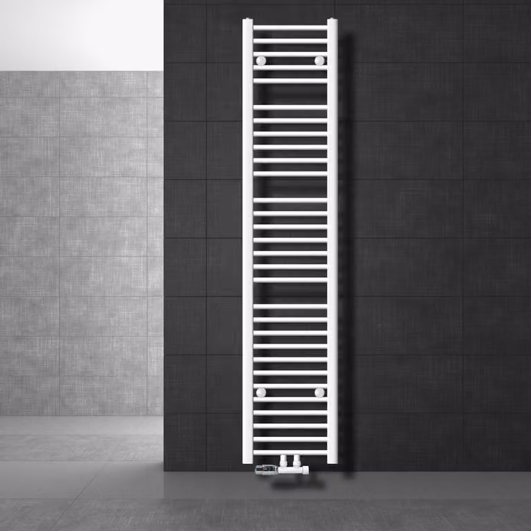 LuxeBath Radiatore da bagno attacco centrale 300 x 1800 mm bianco diritto con termostato e set di collegamento angolo muro bianco - Radiatore , senza elemento riscaldante