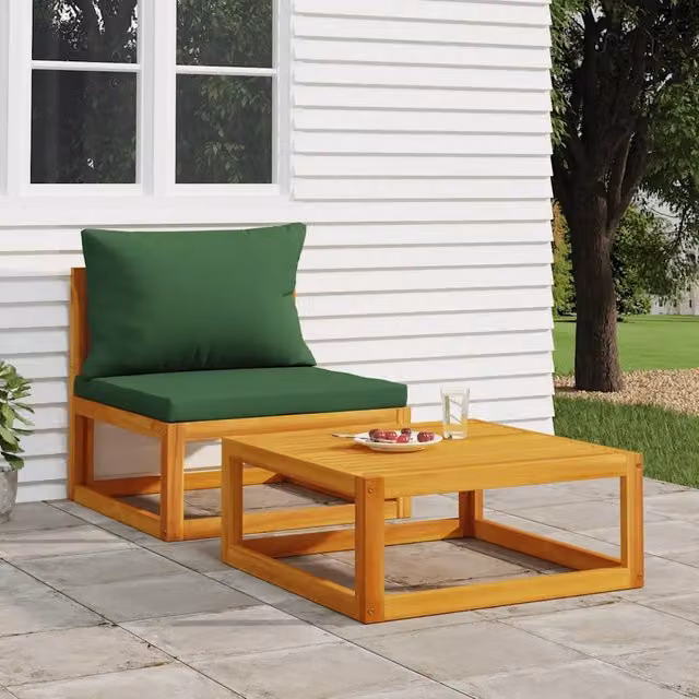 Set da giardino vidaXL composto da divano a 2 posti e tavolino con cuscini verdi in legno di acacia oliato