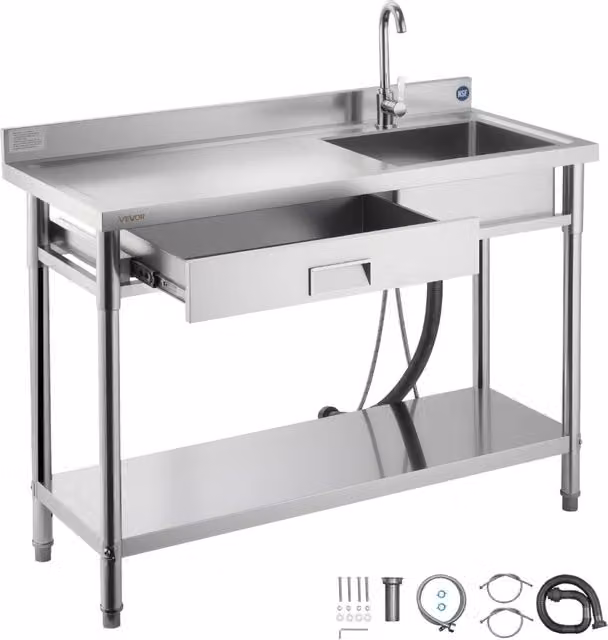 Mobile Lavello da Cucina SS1200-5 in Acciaio Inox 1200 x 500 x 940 mm, Lavandino Vasca Singola con Rubinetto e Cassetto per Garage e Lavanderia