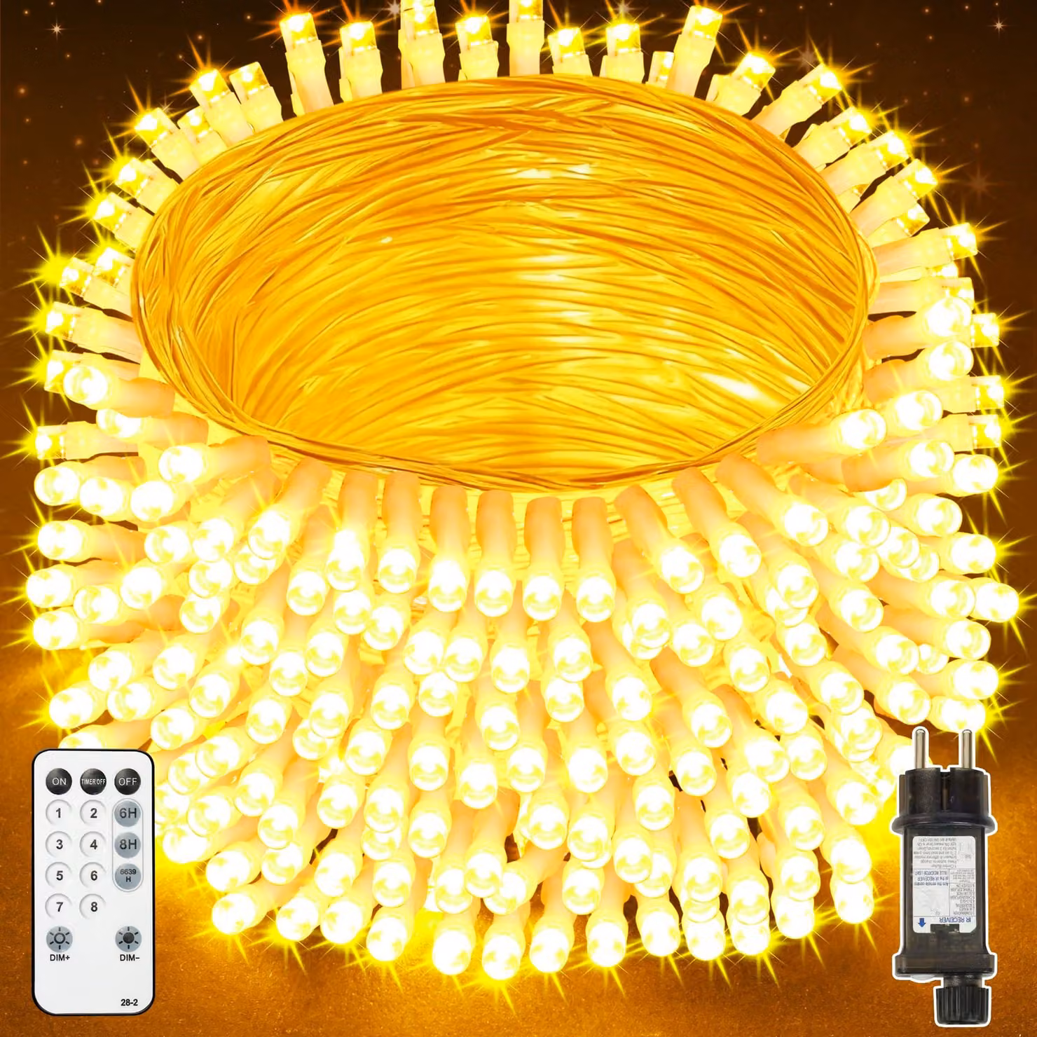 Catena luminosa da esterno, 200 LED, 20 metri, luce bianco caldo, grado di protezione IP44, con telecomando