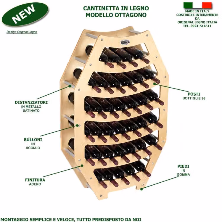 Cantinetta porta vino Original Legno Italia modello ottagono in legno con finitura acero, capacità 36 bottiglie, L: 75 cm, P: 25 cm, H: 120 cm – 2