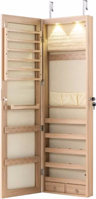 Armadio portagioie in legno con specchio e illuminazione LED da parete Naturale L: 35,5 cm, P: 10 cm, H: 120 cm