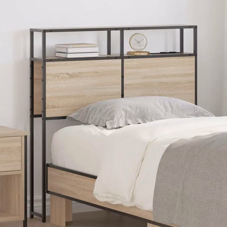 Testata letto con contenitore vidaXL in rovere sonoma e metallo con ripiano integrato e porta di ricarica USB, marrone