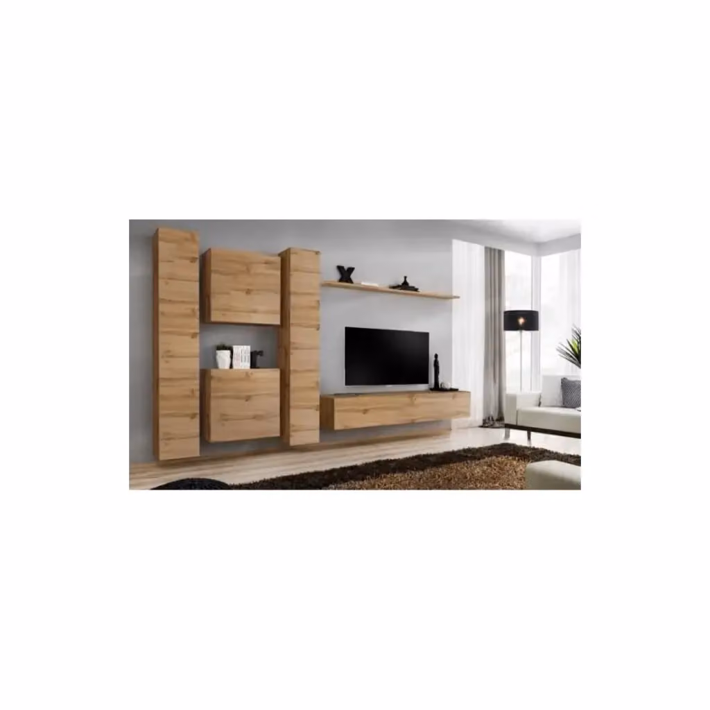 Composizione murale SWITCH VI Meublorama con mobile TV e colonne sospese in Rovere Wotan, L: 330 cm, H: 180 cm, P: 40 cm – 2