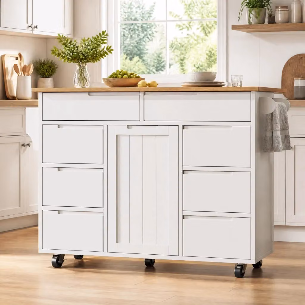 Isola da cucina REDOM con piano ribaltabile, bianca in MDF opaco, L: 122 cm, P: 74,5 cm, H: 91,5 cm – 2