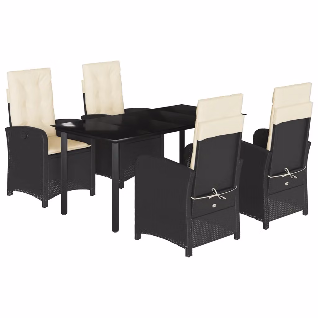 Set da Pranzo da Giardino vidaXL 5 pz in Polyrattan Nero con Cuscini e Tavolo in Vetro – 2
