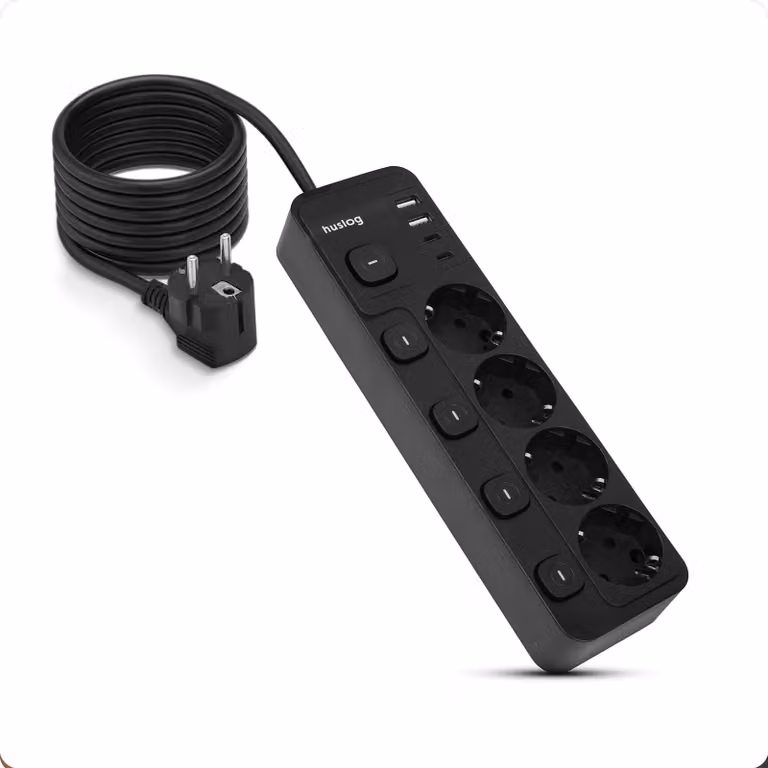 Multipresa Huslog con interruttore, 4 prese, protezione da sovratensione, 2 porte USB-A e 2 porte USB-C