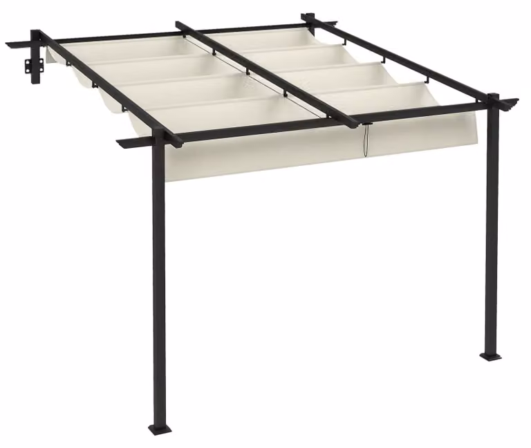 Gazebo da giardino 3 x 3 m, tetto retrattile, montaggio a parete, telaio in metallo, bianco crema