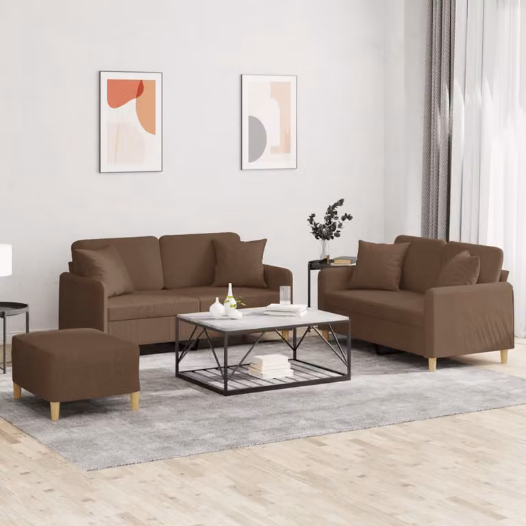Set di divani da soggiorno vidaXL in tessuto marrone con cuscini e struttura in metallo e MDF