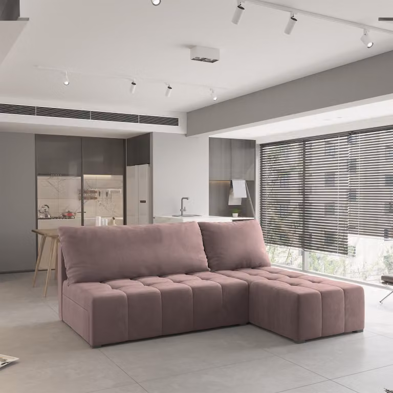 Divano angolare DOMIRA di Masseno con funzione letto a L, divano con box letto, divano da salotto, divano, divano letto, set di divani - rosa, KRONOS 27