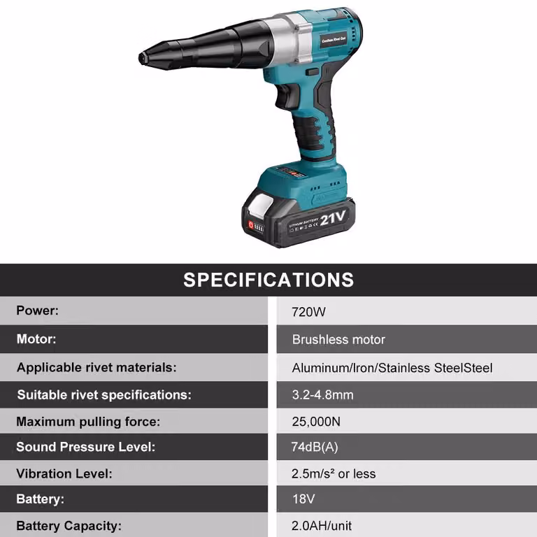 Pistola elettrica per rivetti - Wireless - 720 W - 2 batterie - Adatta per alluminio e ferro