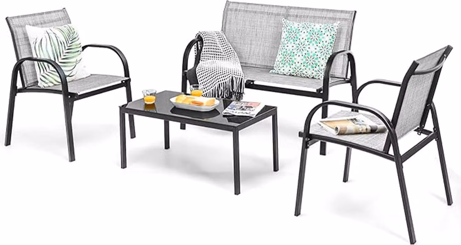 Set di mobili da giardino, set di mobili da giardino con tavolino e panca da giardino e 2 sedie da pranzo, set di mobili da balcone in textilene per 4 persone (grigio)