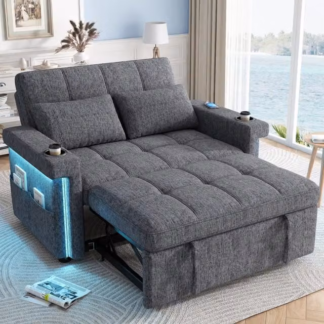Divano letto 2 posti ¨C Minimal ¨C Grigio tessuto chenille con LED, porte USB, schienale regolabile, portabibite, cuscini