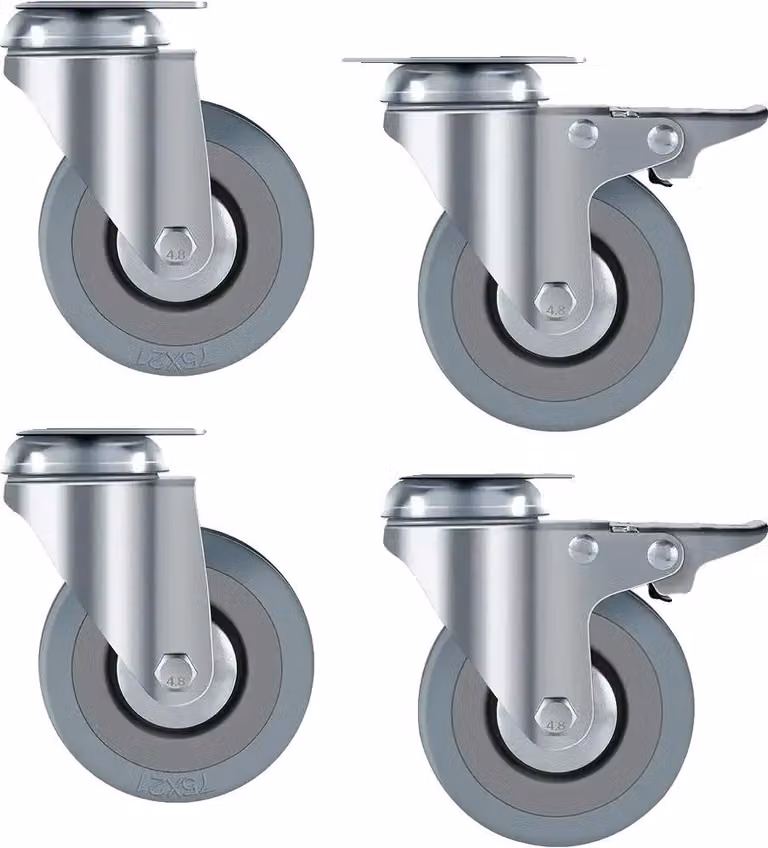 Rotelle di trasporto, ruote in gomma, diametro 75 mm, portata 50 kg per rotella, altezza totale 100 mm, dimensioni piastra 65 x 65 mm