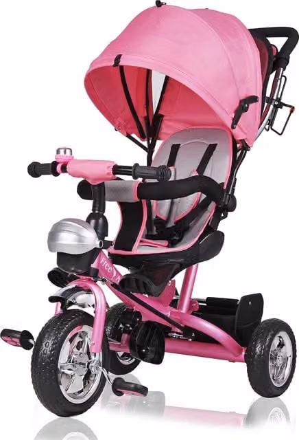 Triciclo passeggino Spielwerk per bambini rosa con cappottina, maniglia di spinta e freno