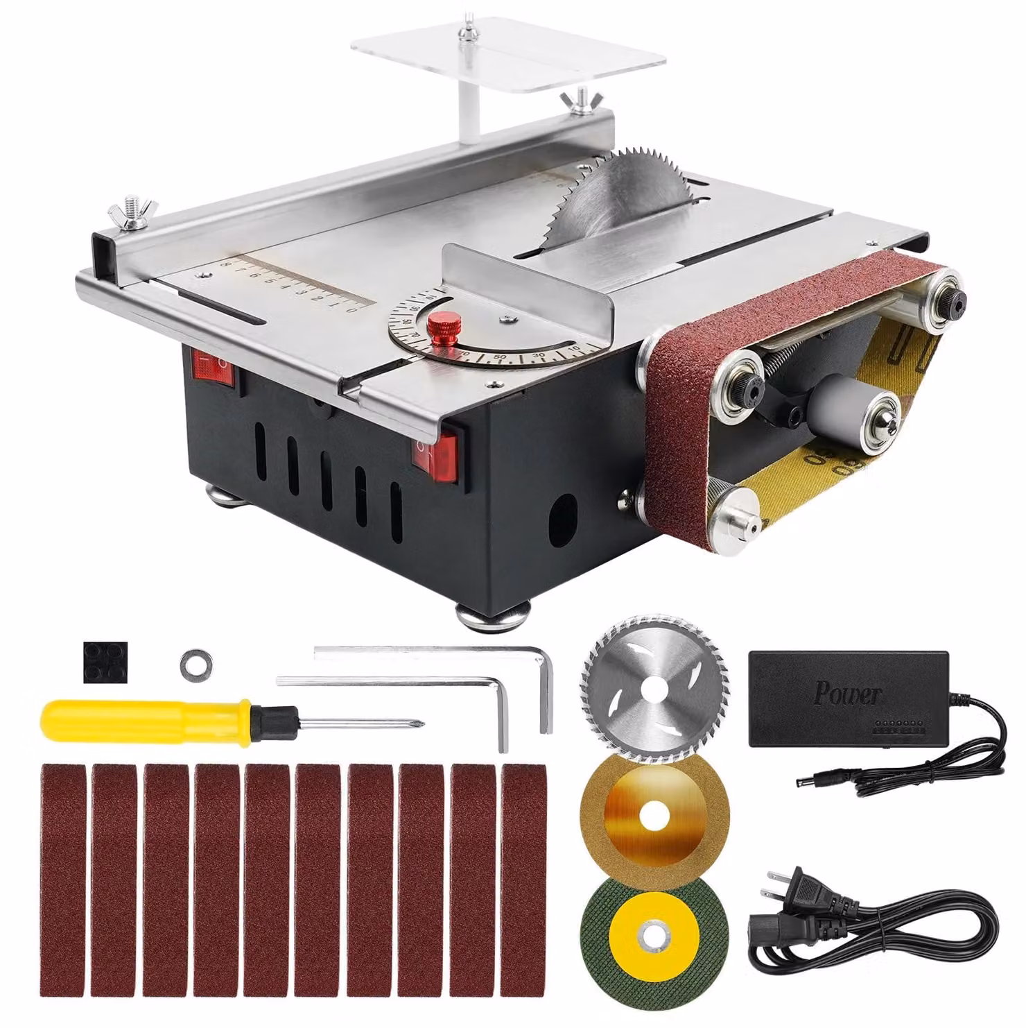 Mini sega circolare da banco - 2-in-1: sega e levigatrice a nastro - Motore brushless da 200W - 7000 giri/min - Profondità di taglio di 30 mm - Piano in acciaio inossidabile - Adatta per legno e metallo - Colore: nero